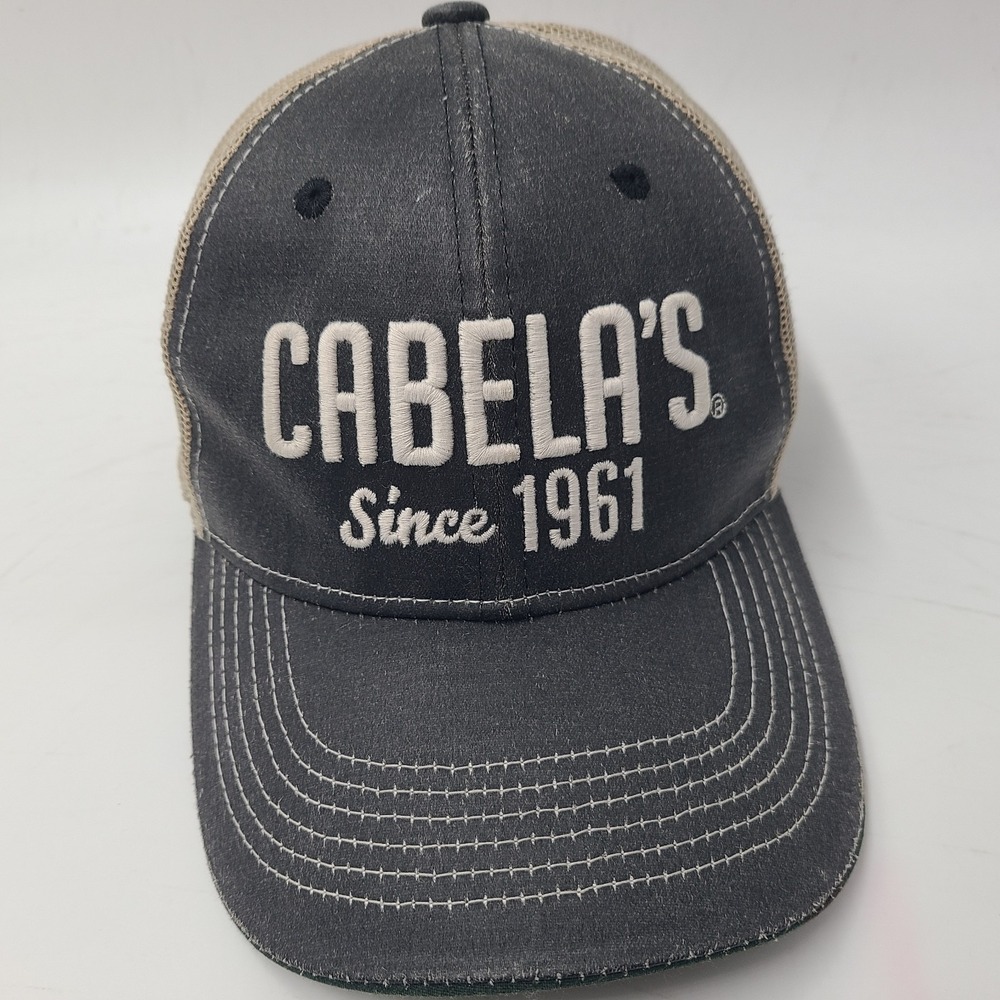 Cabelas‎ Hat Snapback Trucker Mesh Black Beige Waxed Cotton Camo Brim Outdoors
